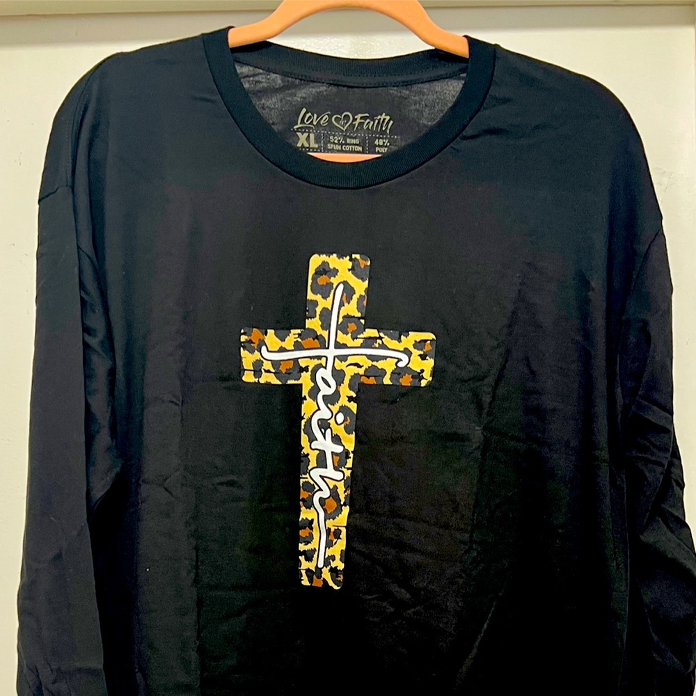 FAITH WITH LEOPARD CROSS  ~ LONG SLEEVE TEE UNISEX SZ LRG, LRG XLRG NWT BOUTIQUE